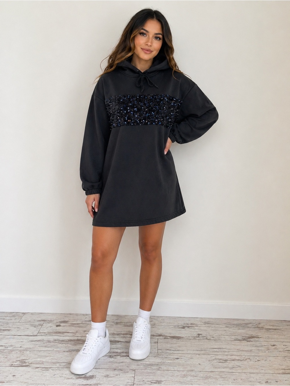 SHEIN Sequin Drop Shoulder Hoodie Dress Black Blue Sequin Band Mini Size 4